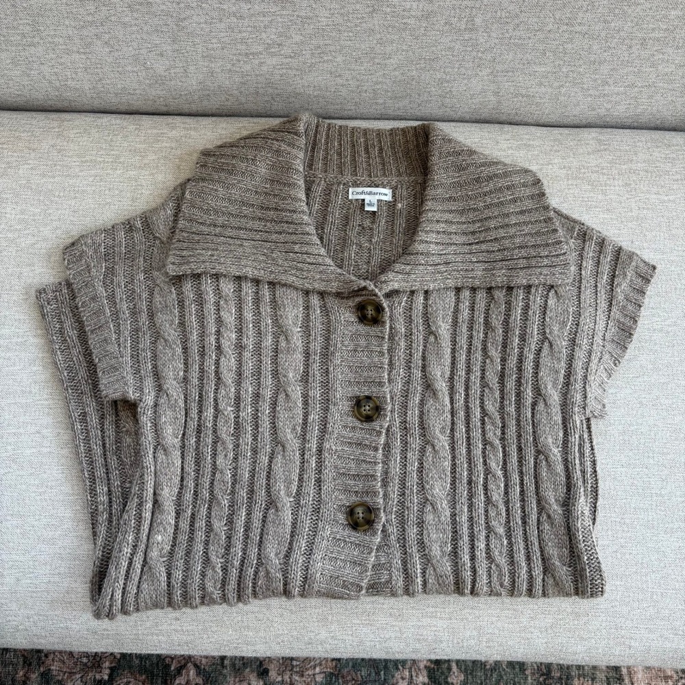 Croft & Barrow Short Sleeve Cardigan L Brown Cable Knit Sweater Boho Grandma Y2K